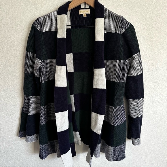 ModCloth Women’s Sweater XL Green Blue Color Block Cardigan Open Front Knit - Picture 1 of 8